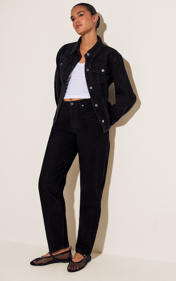 PRETTYLITTLETHING Washed Black High Waist Mom Jean