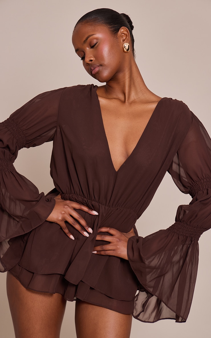 Chocolate Chiffon V Neck Long Ruched Sleeve Romper image 4