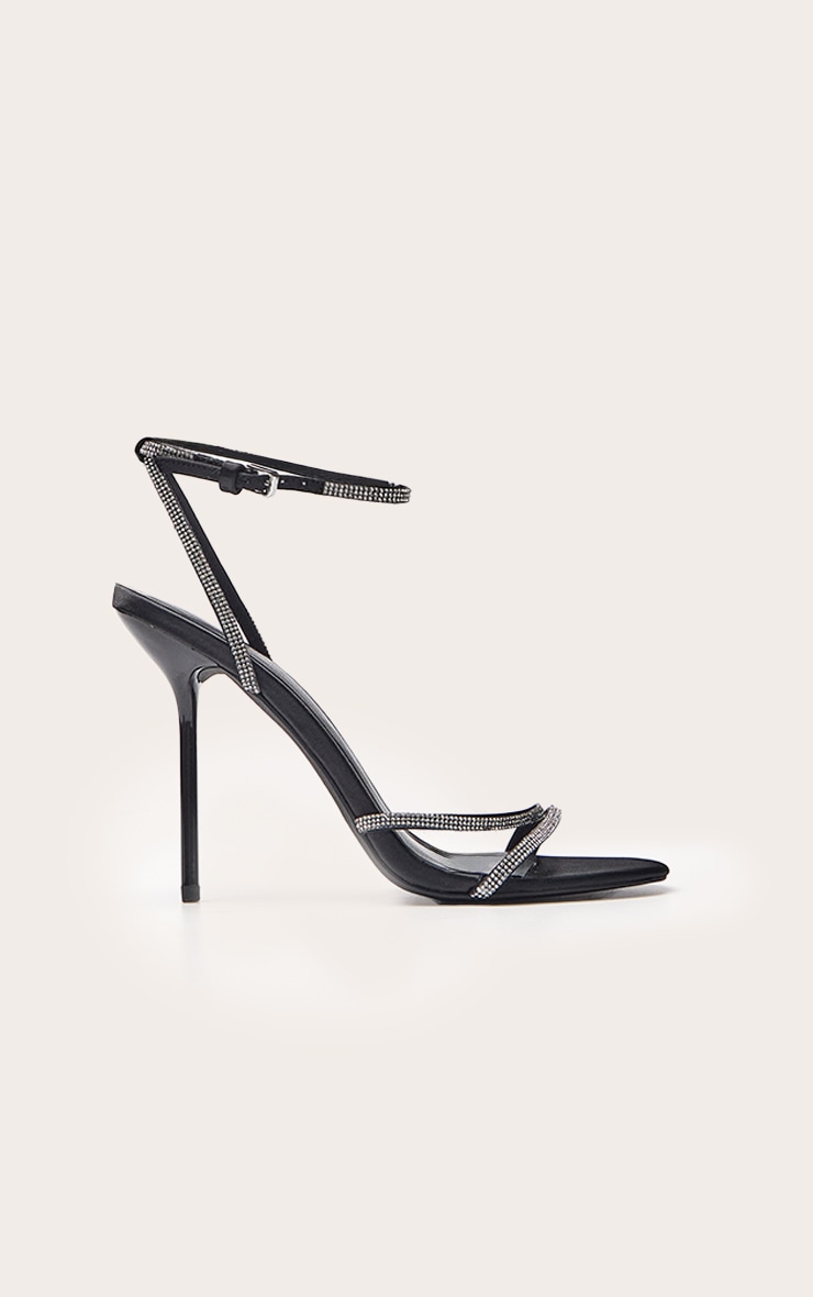Black Satin Diamante Round Toe Asymmetric High Stiletto Heeled Sandals image 2