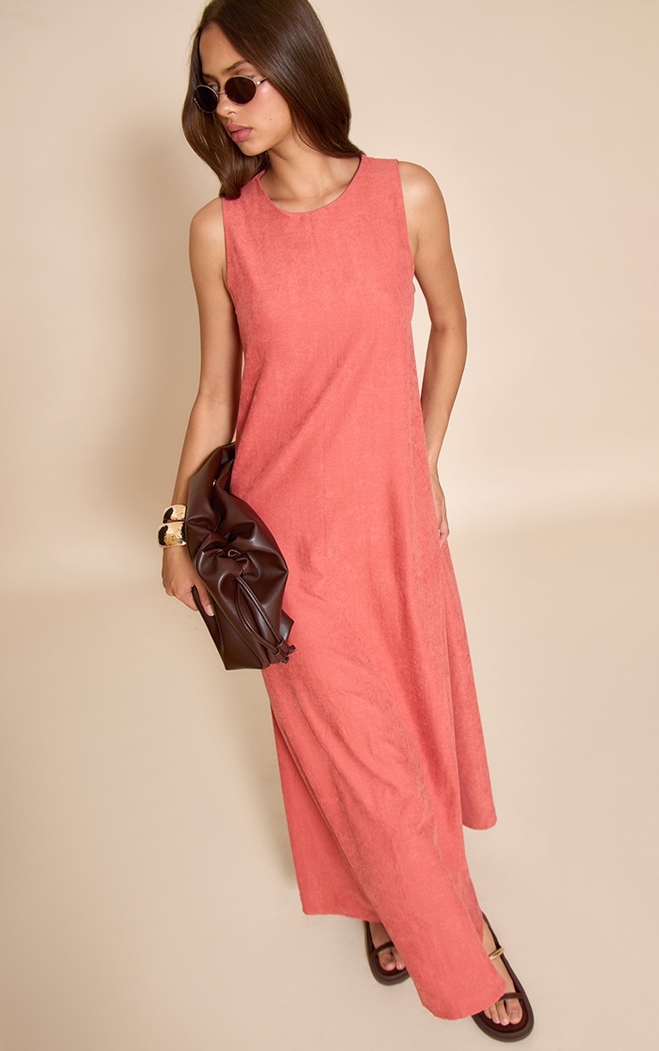 Rust Textured Boat Neck Sleeveless Column Maxi Dress image 1