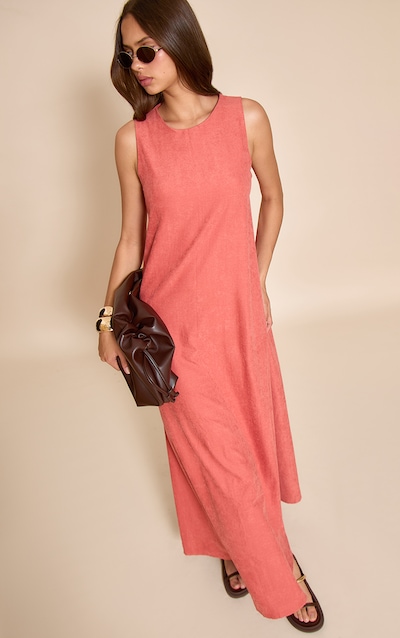 Rust Textured Boat Neck Sleeveless Column Maxi Dress