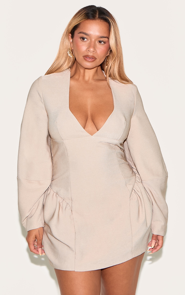 Shape Stone Tailored Plunge Front Cocoon Sleeve Cinched Waist Mini Dress image 1