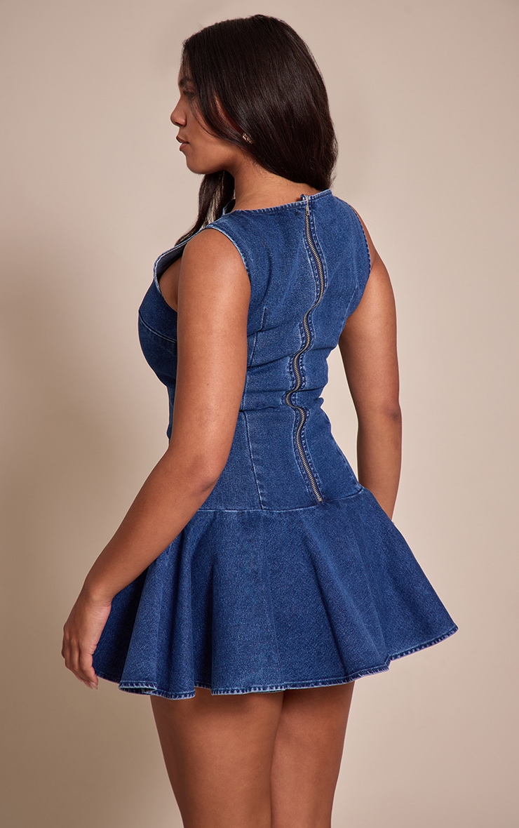 Shape Indigo Stretch Denim Boat Neck Dropped Hem Mini Dress image 2