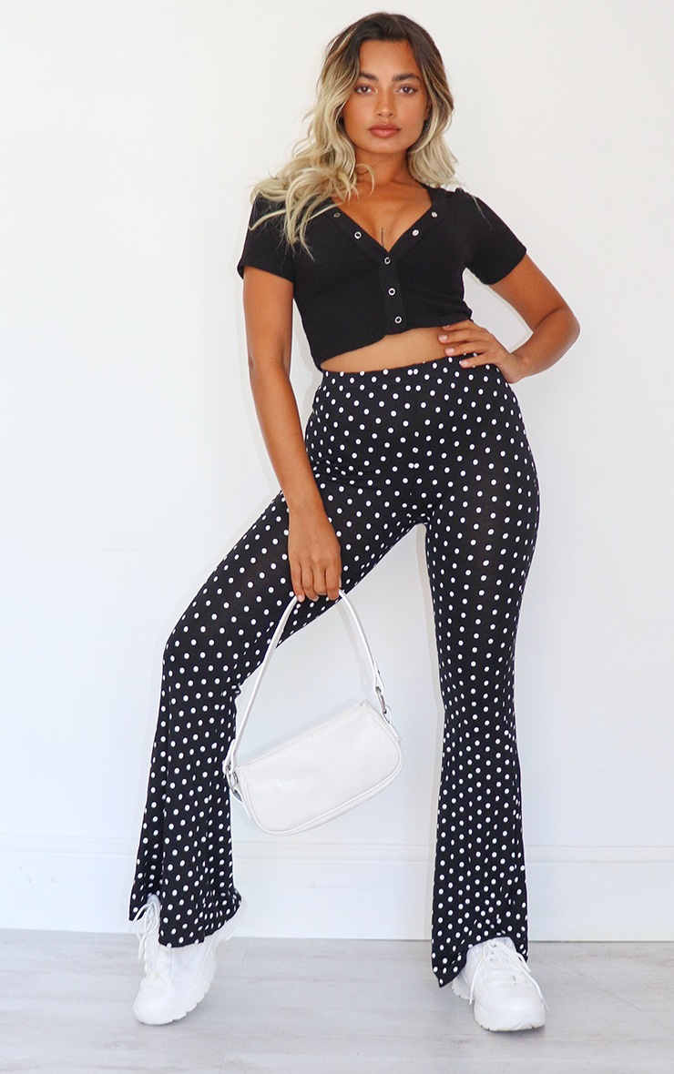Petite Black Polka Print Flared Trousers