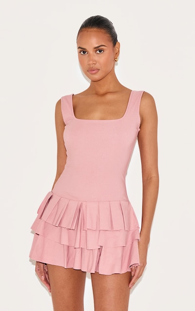Combishort jupe short tissé stretch rose tendre plissé