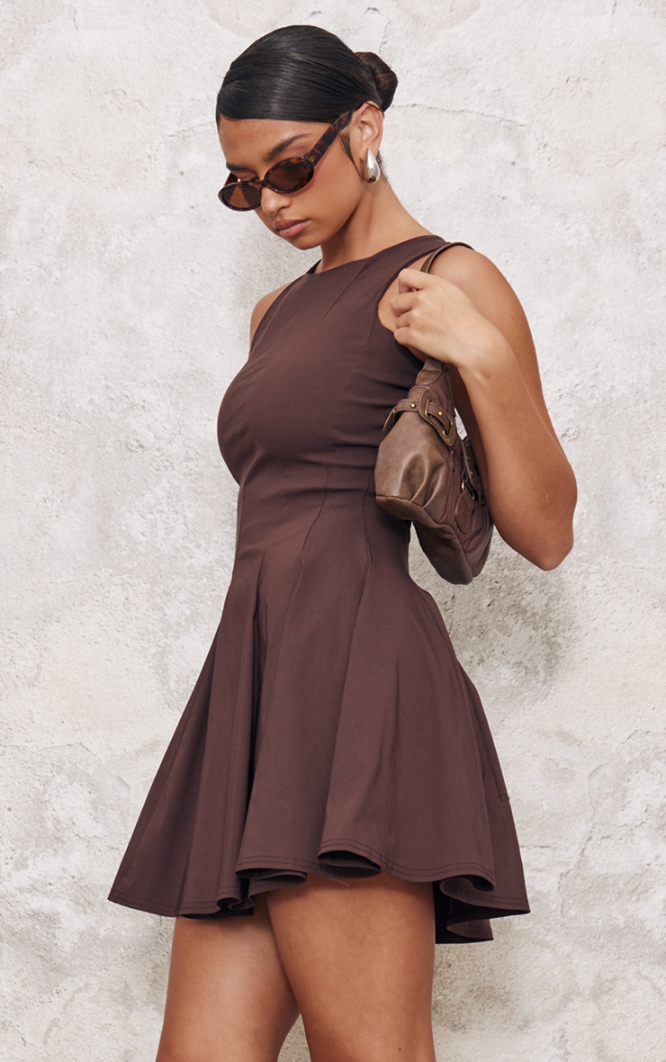 Chocolate Stretch Woven Racer Pleated Shift Dress image 4