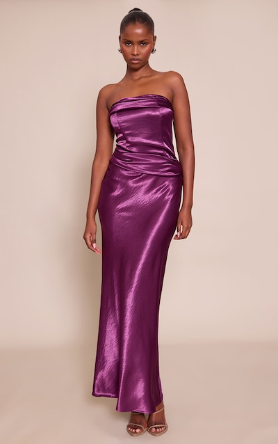 Purple Pleat Bust Detail Bandeau Maxi Dress