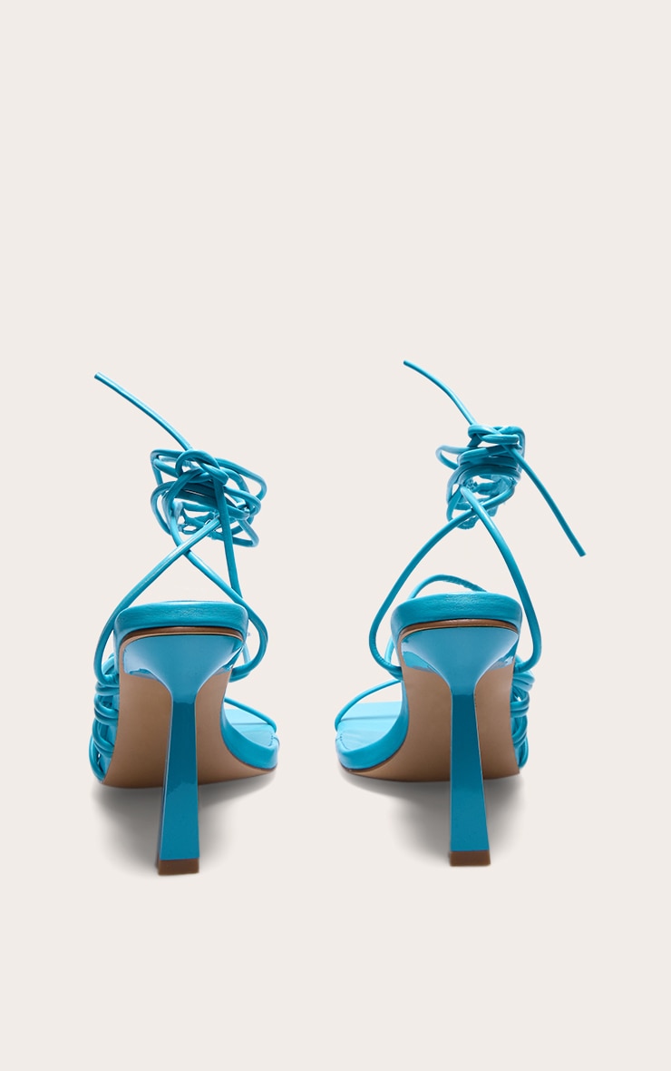 Blue Wide Fit PU Square Toe Knot Lace Up Side Detail High Heeled Sandals image 3