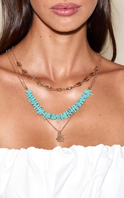 Aqua Beaded Layered Starfish Pendant Necklace