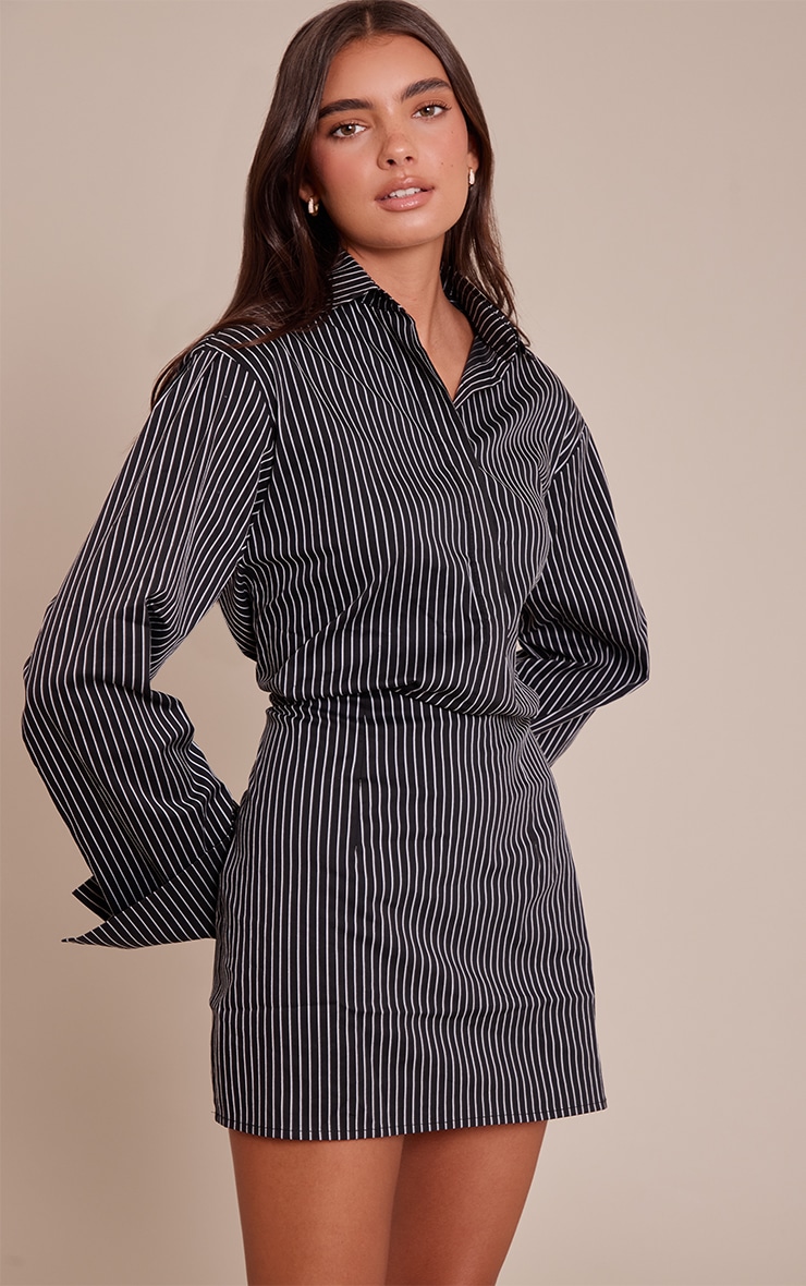 Black Pinstripe Button Down Shirt Dress image 1
