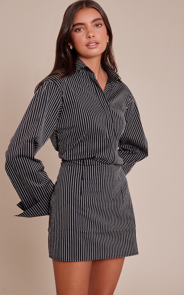 Black Pinstripe Button Down Shirt Dress