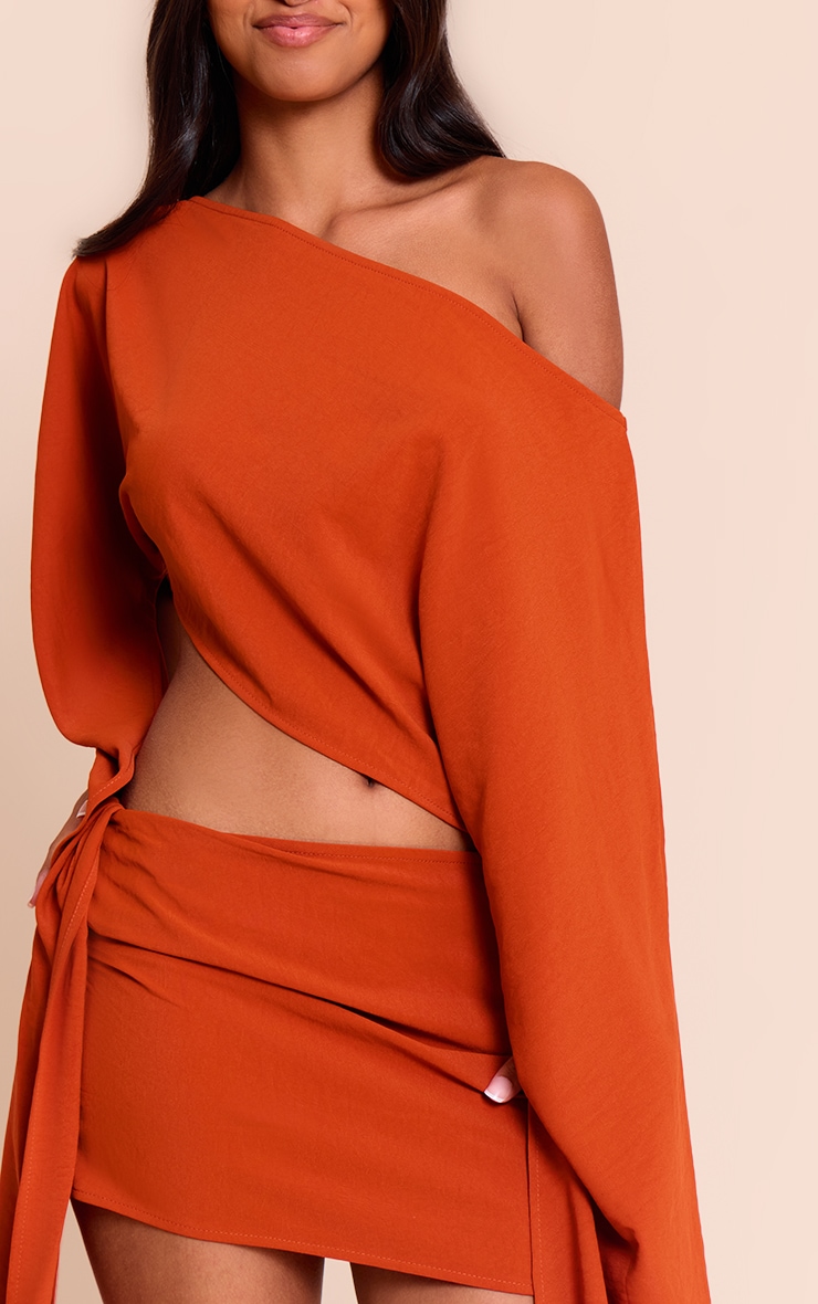 Petite Rust Floaty Woven Slash Neck Long Sleeve Top image 4
