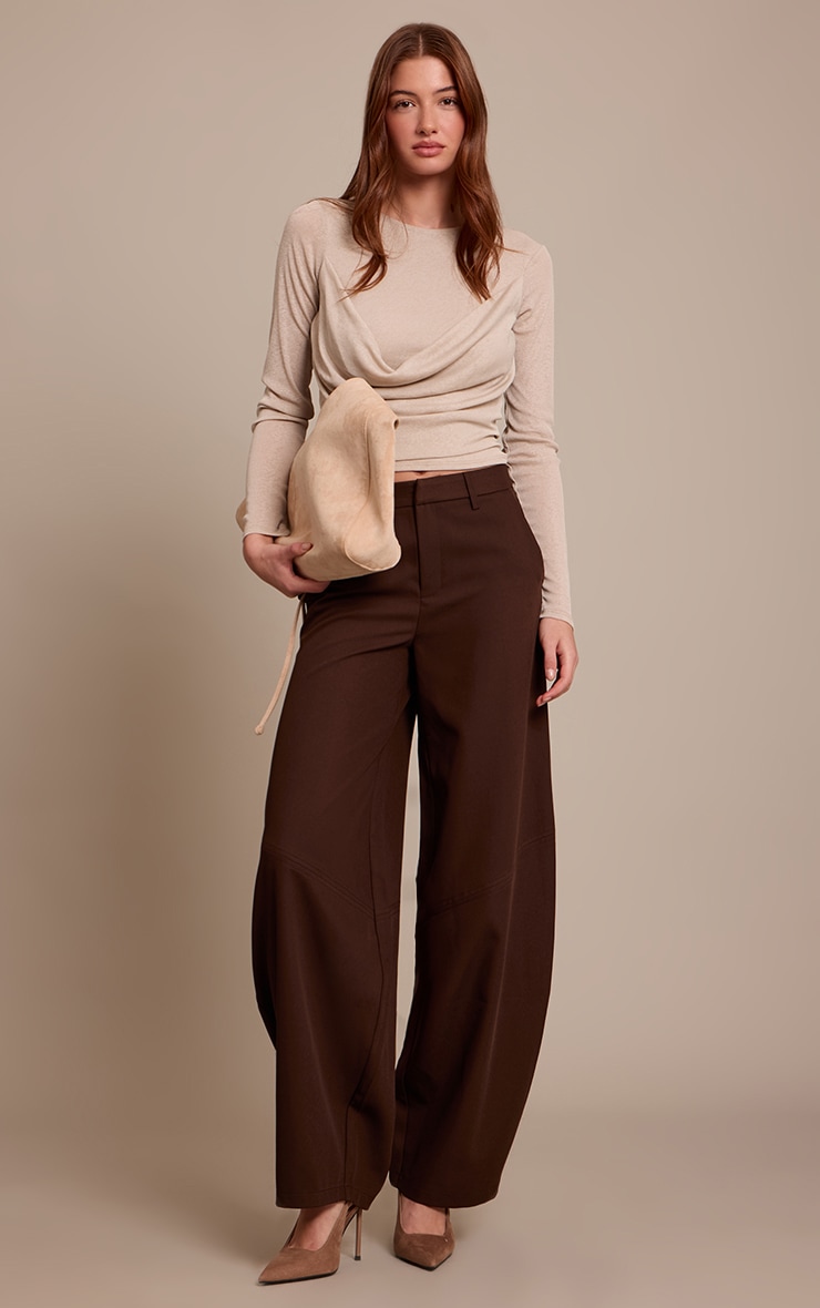 Beige Burnout Mesh Drape Detail Long Sleeve Top image 3