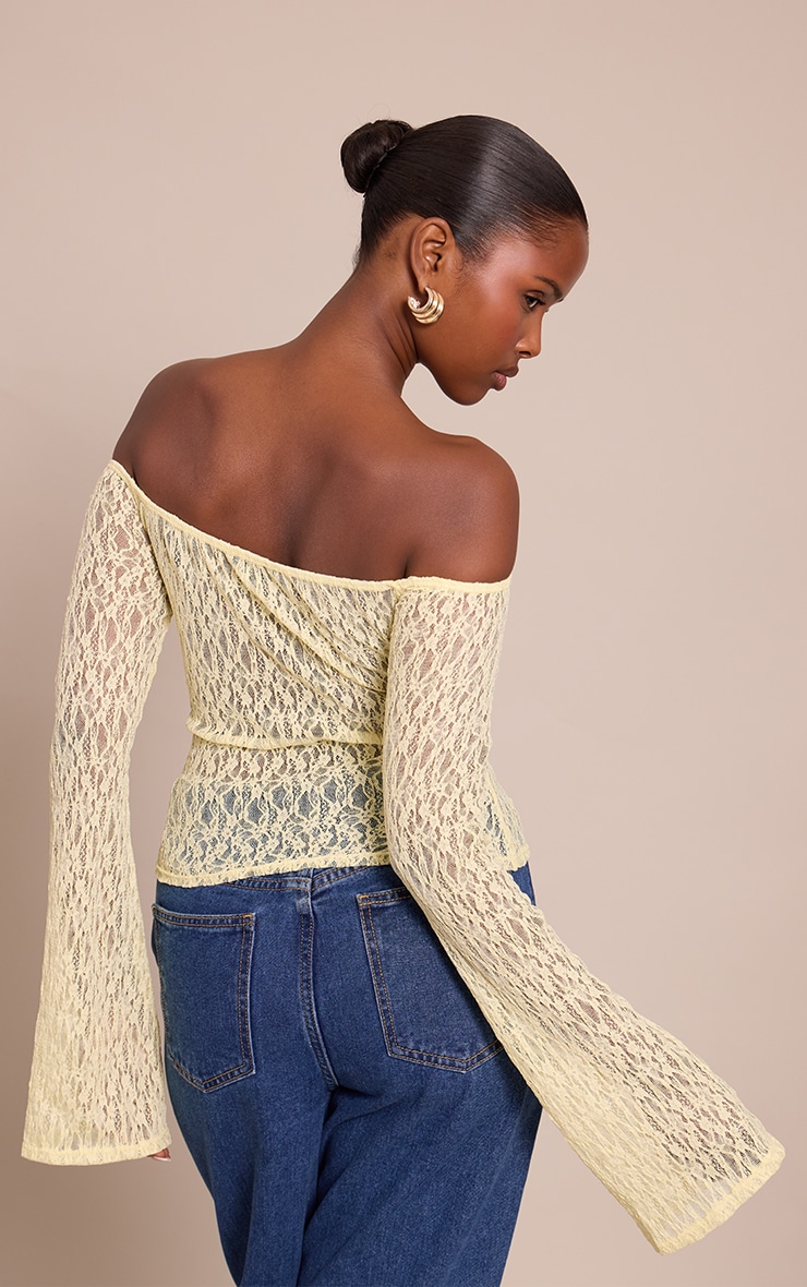 Lemon Textured Sheer Lace Bardot Flared Long Sleeve Top image 2