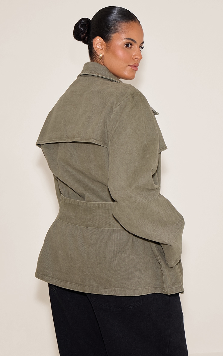Plus Olive Cropped Belted Denim Trench image 2