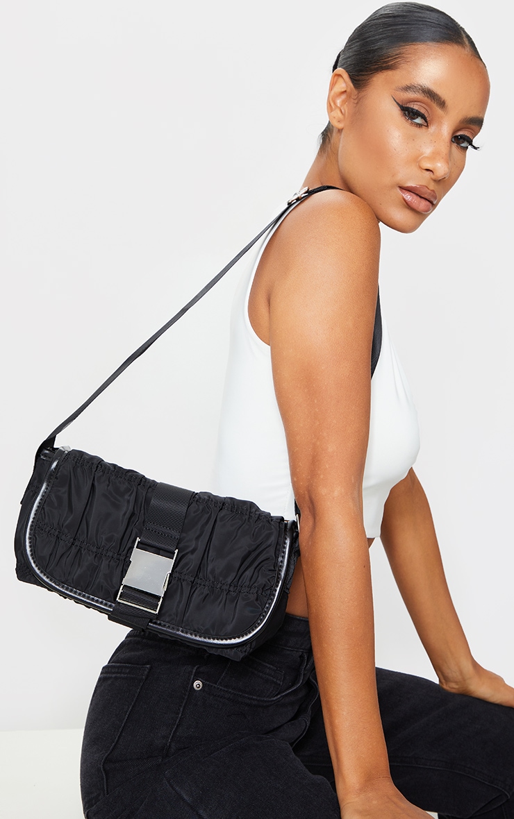 Black Ruched Front Buckle Shoulder Bag