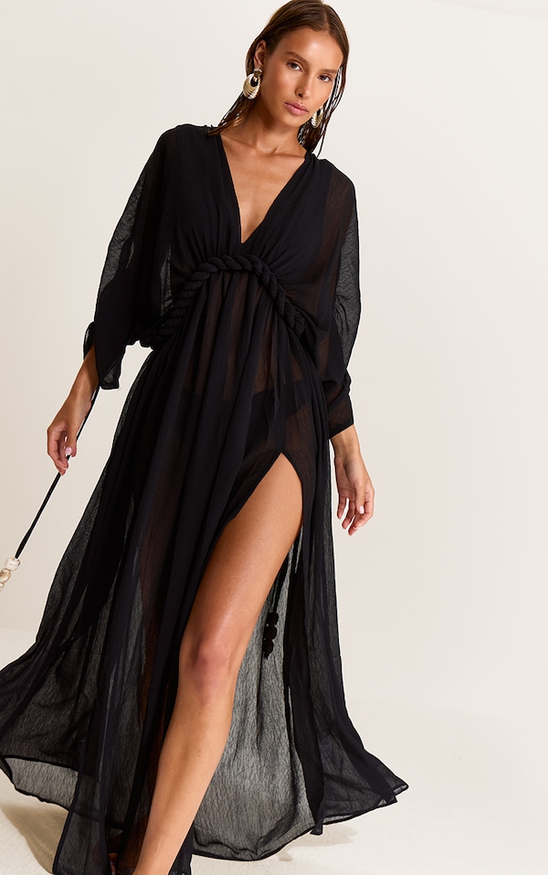 Black Textured Chiffon Twist Boho Beach Dress
