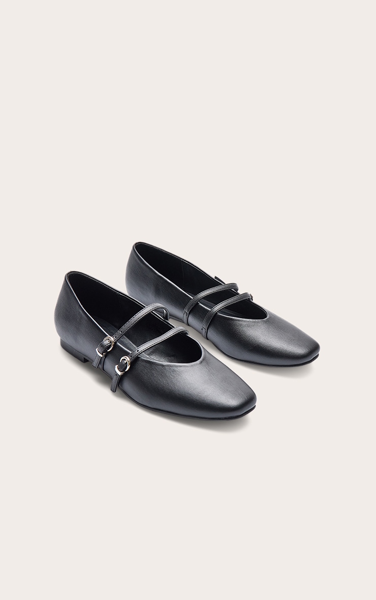 Black PU Round Toe Ballet Flat With Silver Buckle Detail image 3