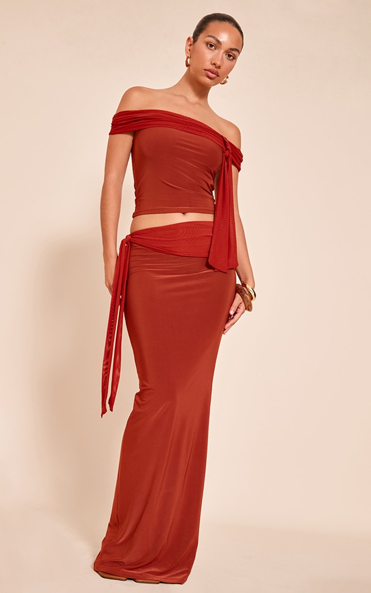 Burnt Orange Double Slinky Knotted Bardot Top image 3