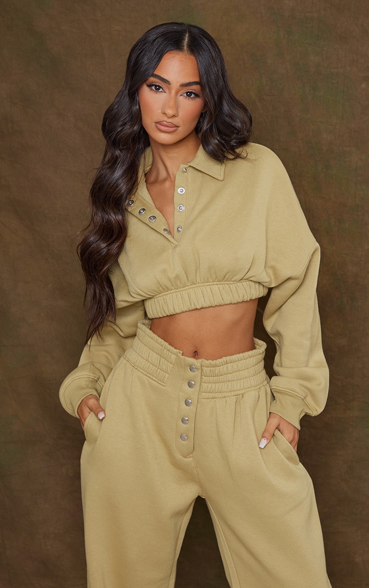 Petite Khaki Cropped Button Detail Sweat Top