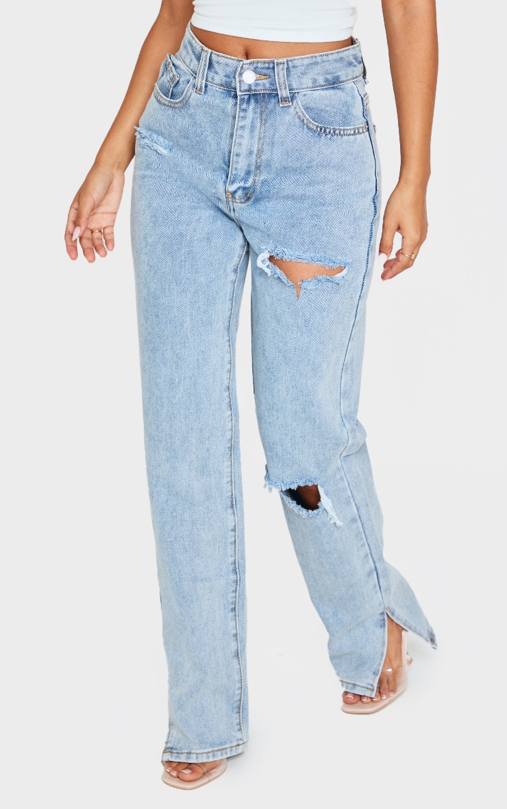 Petite Bleach Wash Ripped Split Hem Jeans image 2