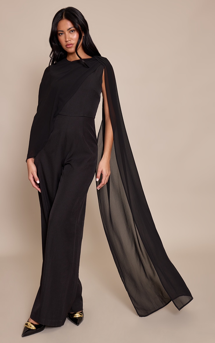Black Chiffon Cape Detail Straight Leg Jumpsuit image 3