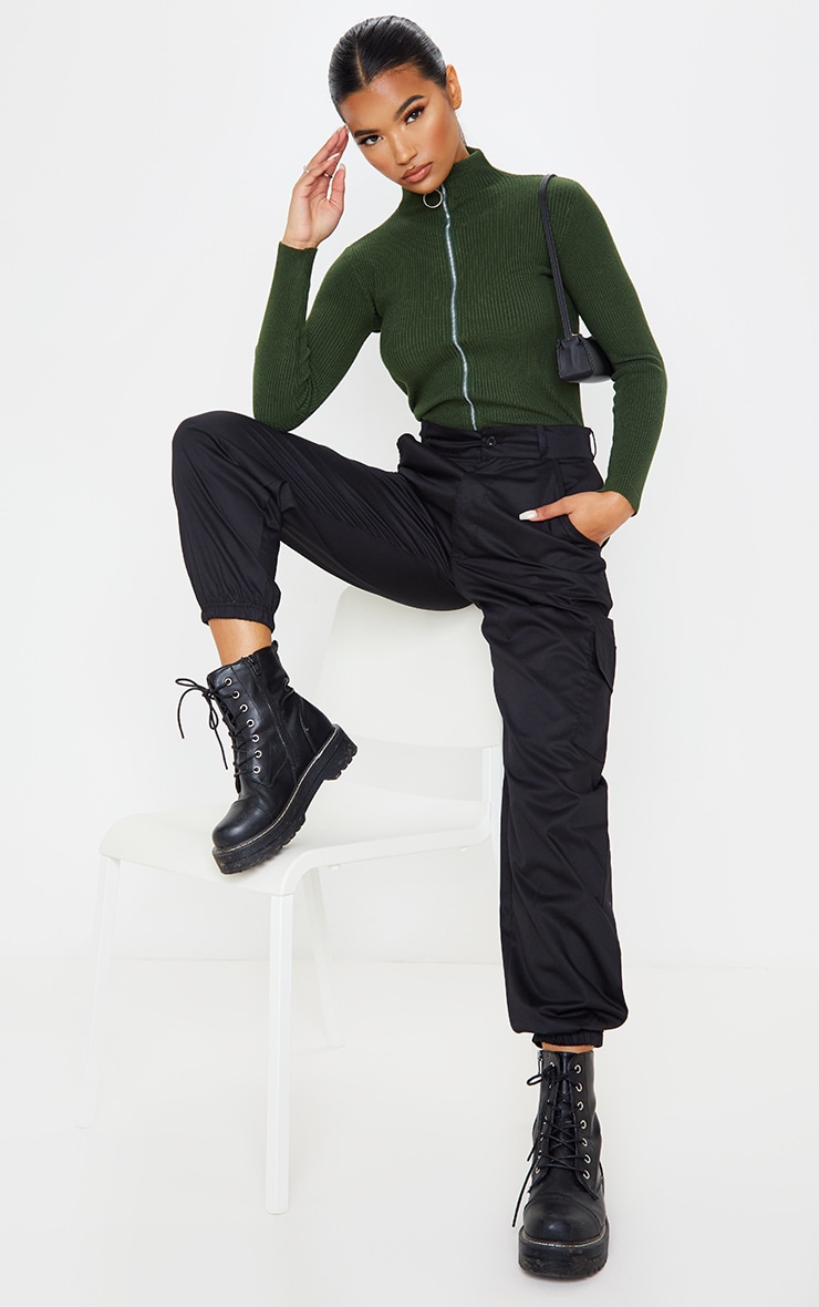 Khaki Knitted Zip Front Top