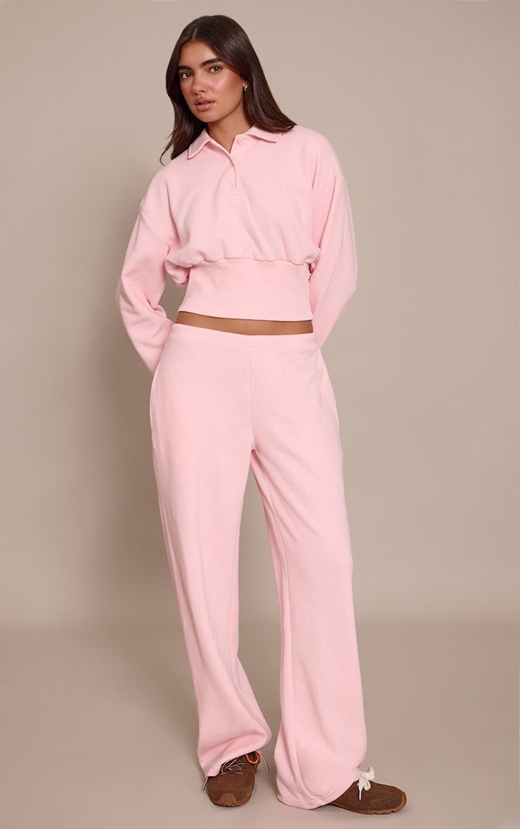Baby Pink Brushed Rib Tie Waist Straight Leg Trouser