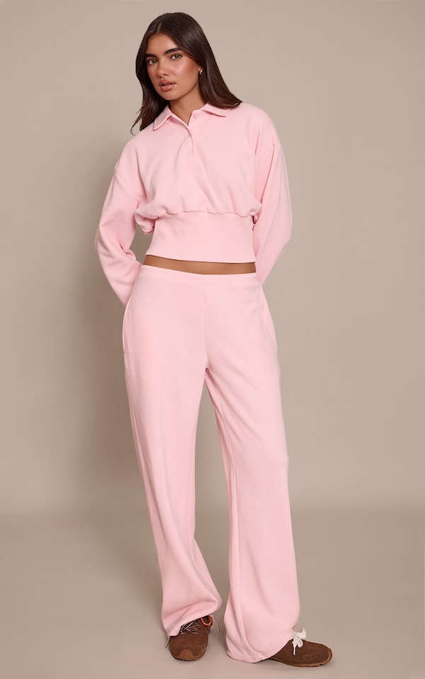 Baby Pink Brushed Rib Tie Waist Straight Leg Pant