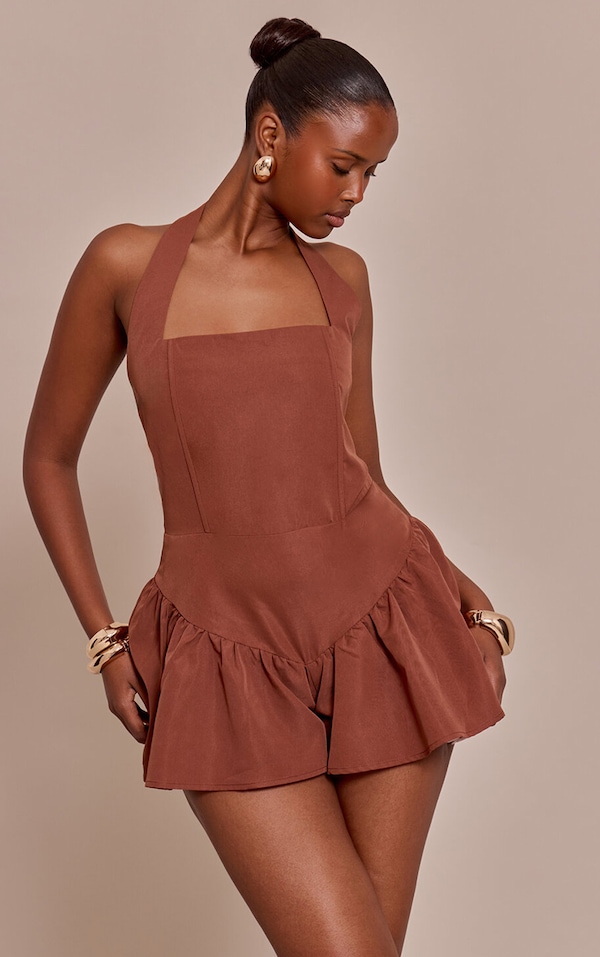 Chocolate Halter Neck Drop Waist Floaty Romper