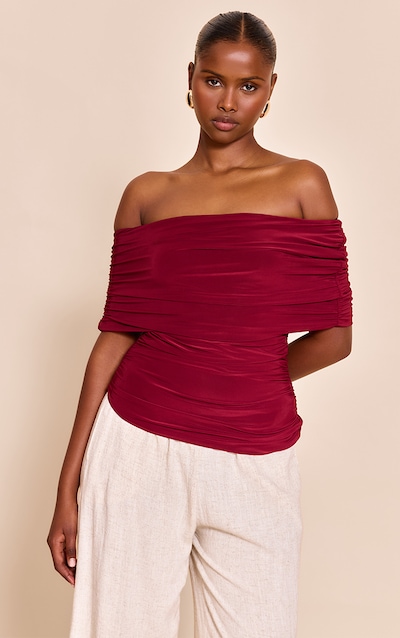 Deep Red Double Layer Slinky Ruched Bardot Long Top