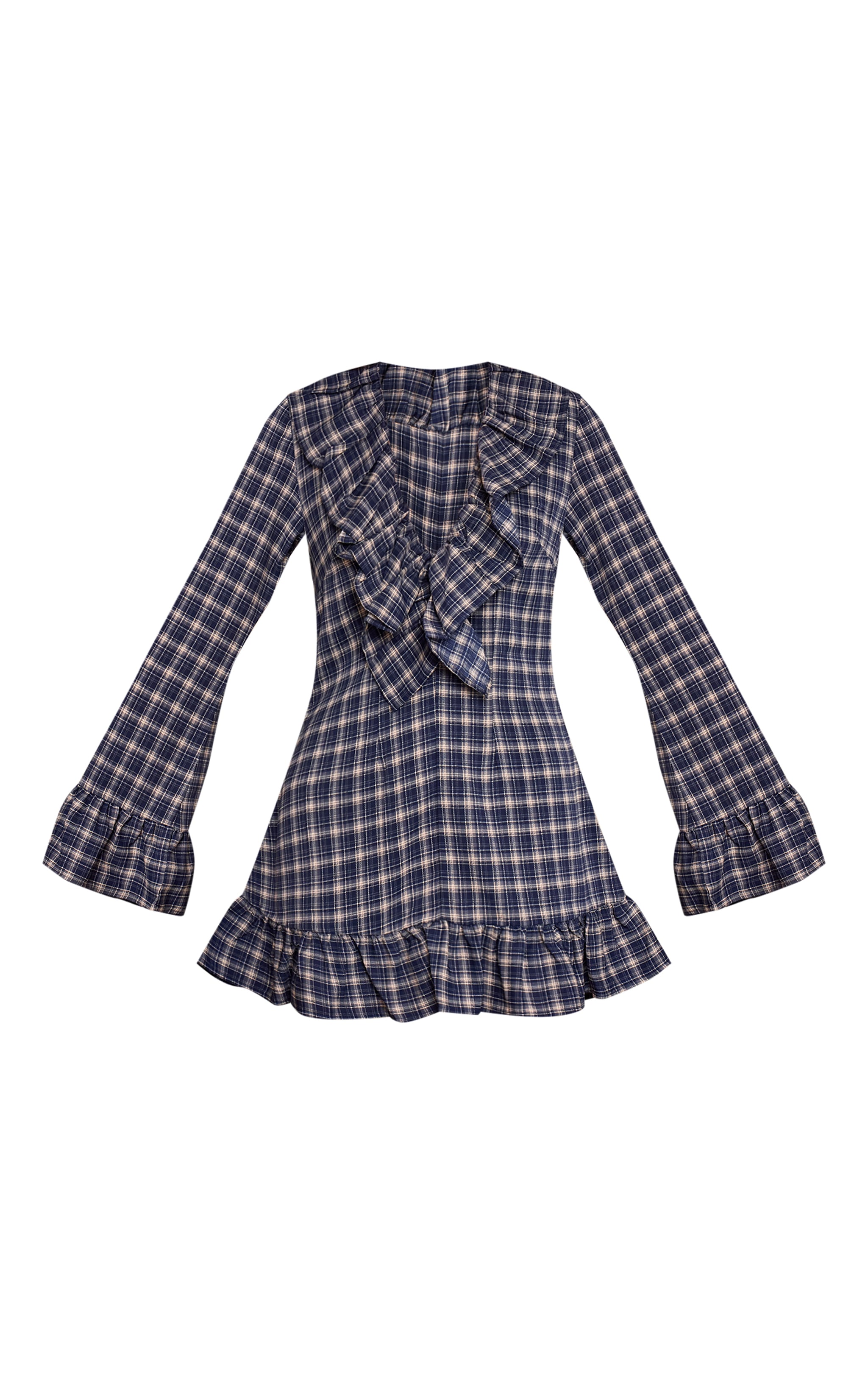Navy Check Frill Long Sleeve Shift Mini Dress image 5
