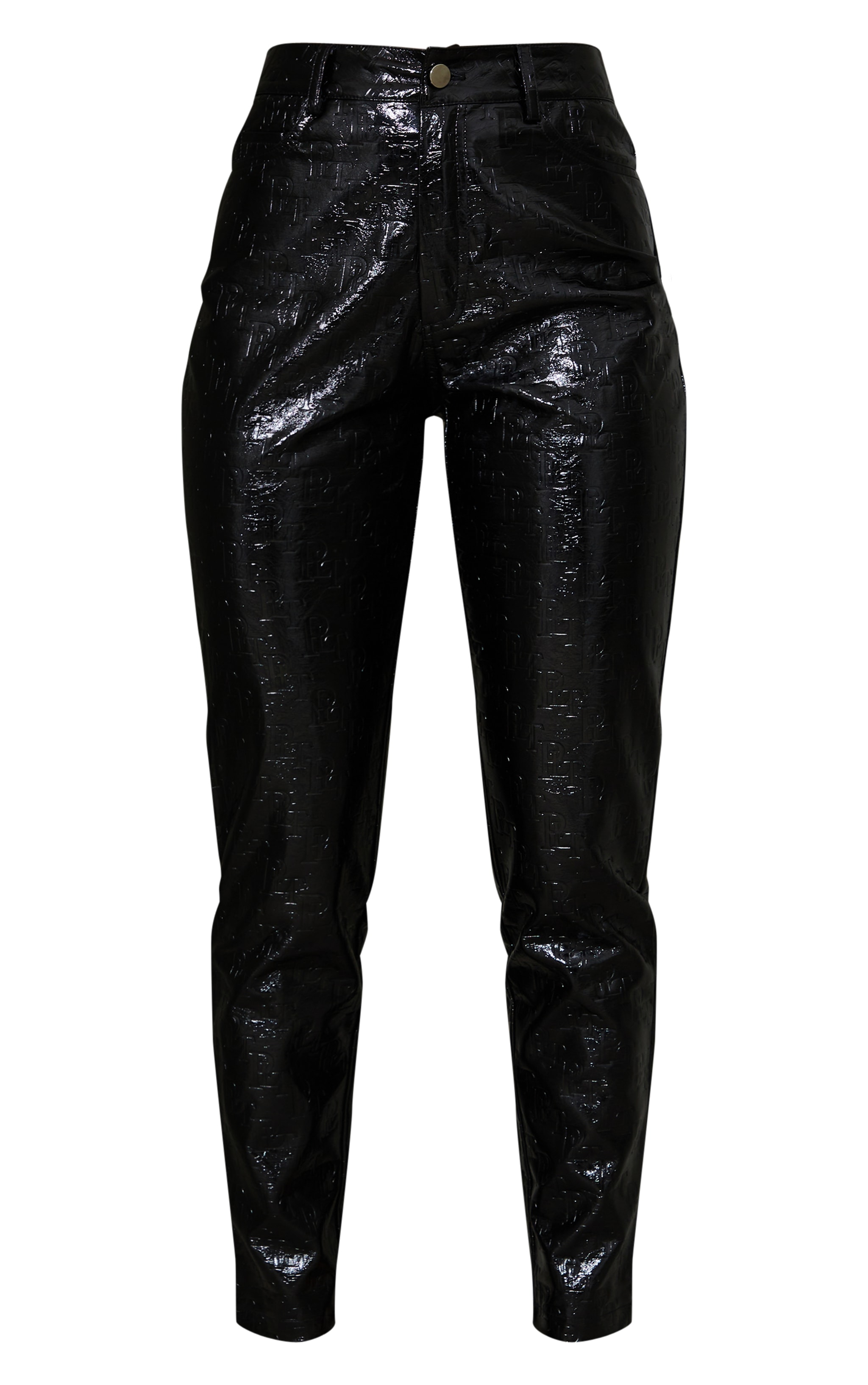 Plt Black Vinyl Embossed Monogram Mom Jeans PrettyLittleThing