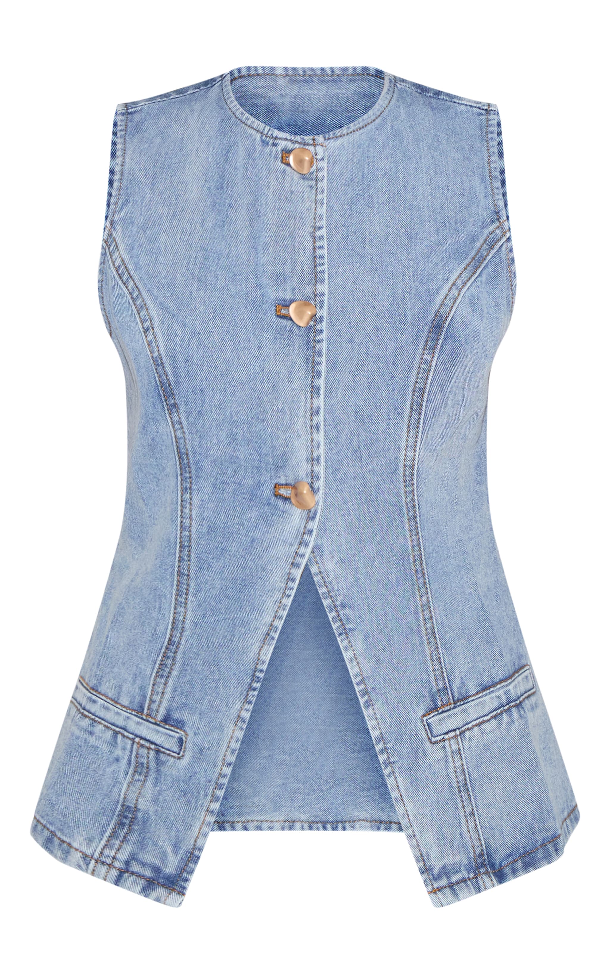 Petite Light Blue Wash Trim Detail Denim Vest Top image 5