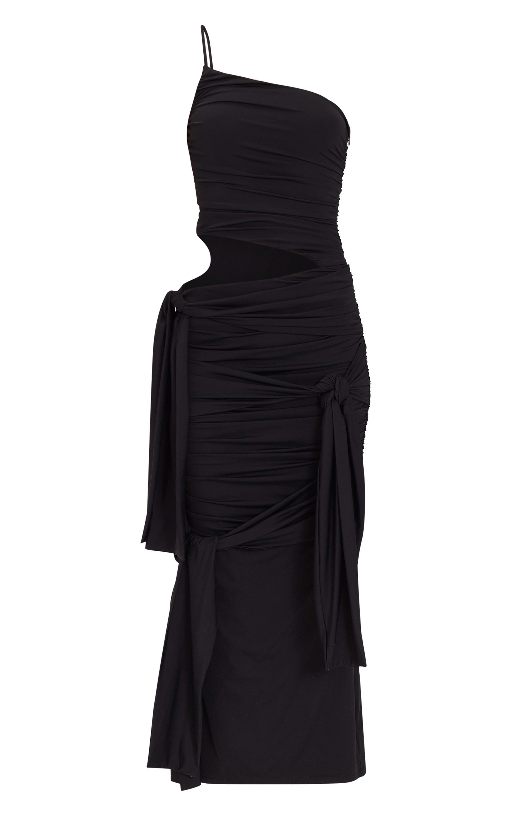 Black Slinky Jersey Knot Detail Cut Out One Shoulder Maxi Dress image 5