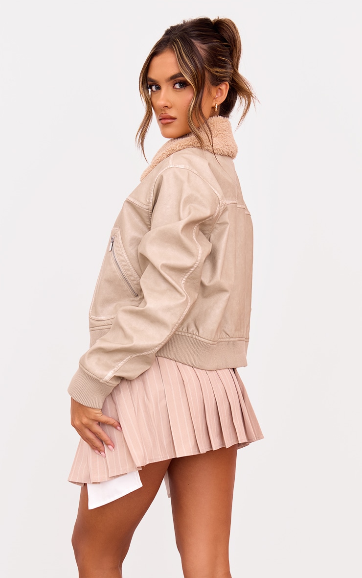 Stone Soft Pu Contrast Collar Cropped Jacket image 2