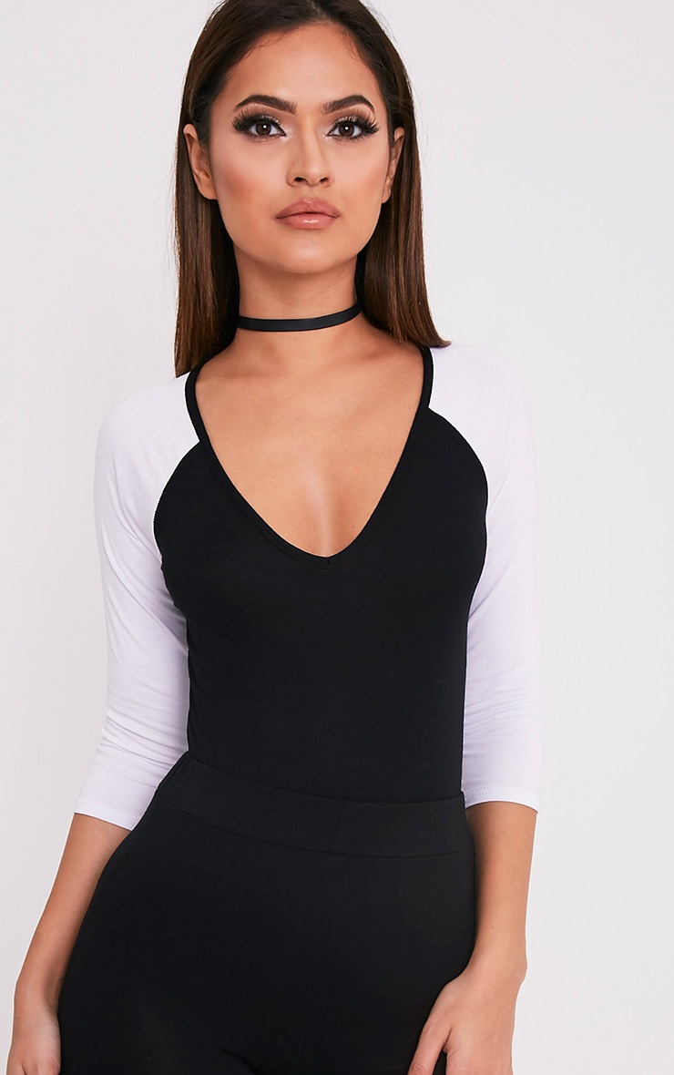Basic Black Jersey Contrast Sleeve Thong Bodysuit Tops