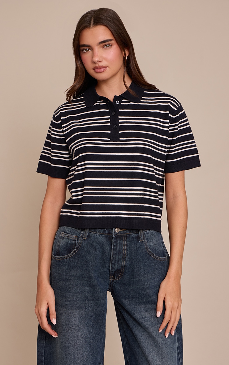 Black Polo Short Sleeve Knit Rugby Top image 1