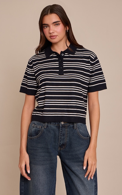 Black Polo Short Sleeve Knit Rugby Top