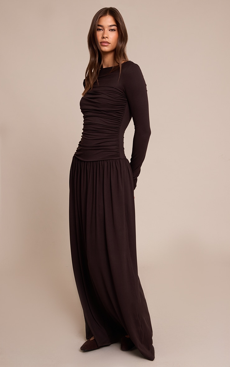 Brown Soft Touch Jersey Ruched Long Sleeve Maxi Dress image 1