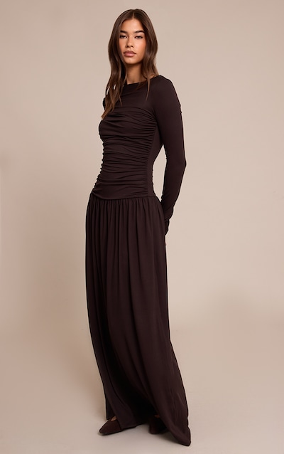 Brown Soft Touch Jersey Ruched Long Sleeve Maxi Dress