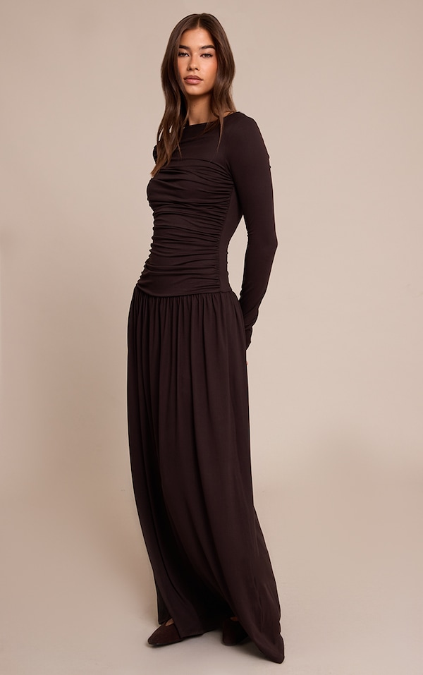 Brown Soft Touch Jersey Ruched Long Sleeve Maxi Dress