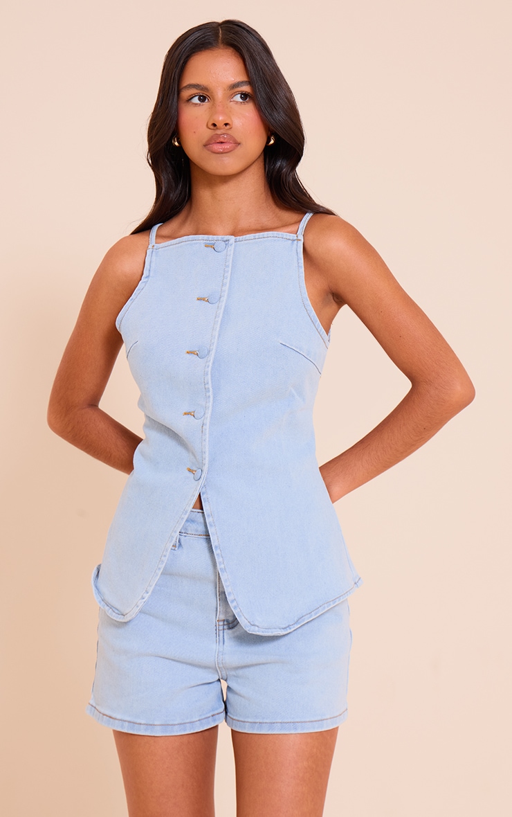 Petite Light Blue Stretch Denim High Waisted Shorts image 2