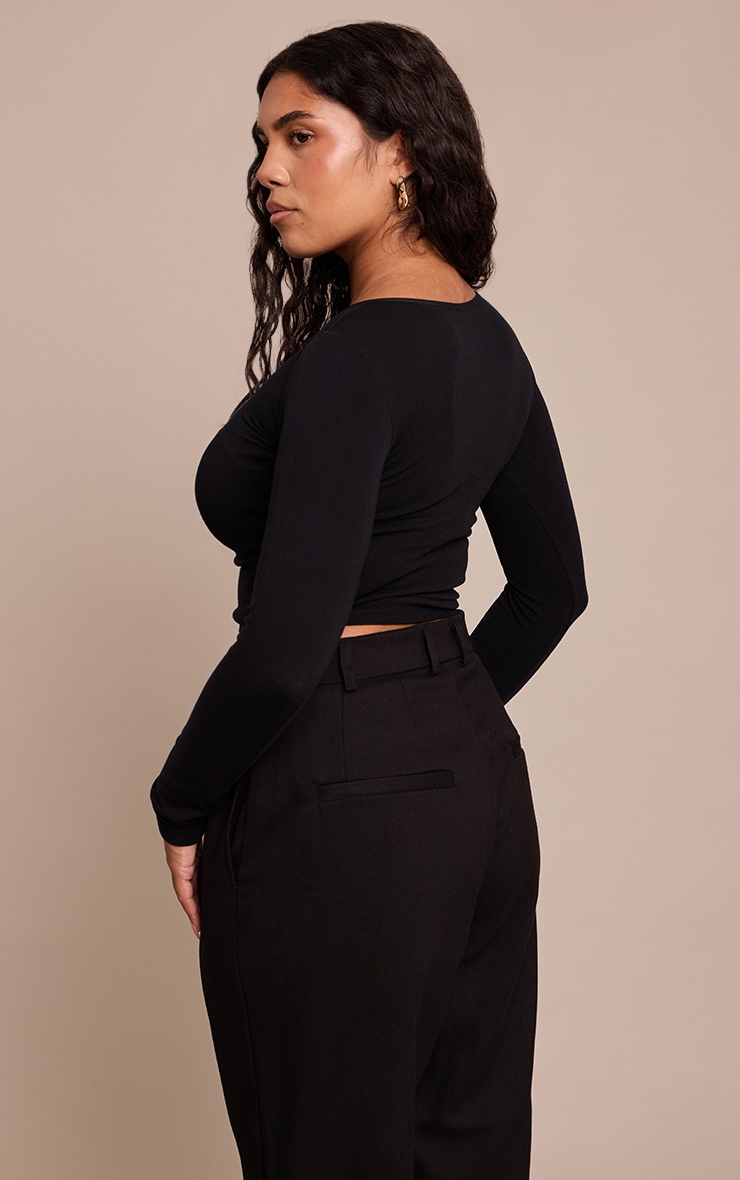 Shape Black Boat Neck Long Sleeve Seamless Top image 2