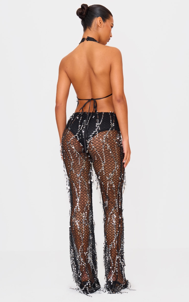 Black Sequin Fishnet Halterneck Jumpsuit image 2