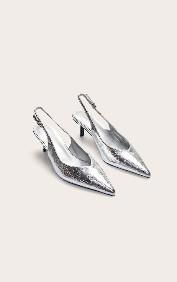 Silver PU Pointed Toe Contrast Heel Sling Back