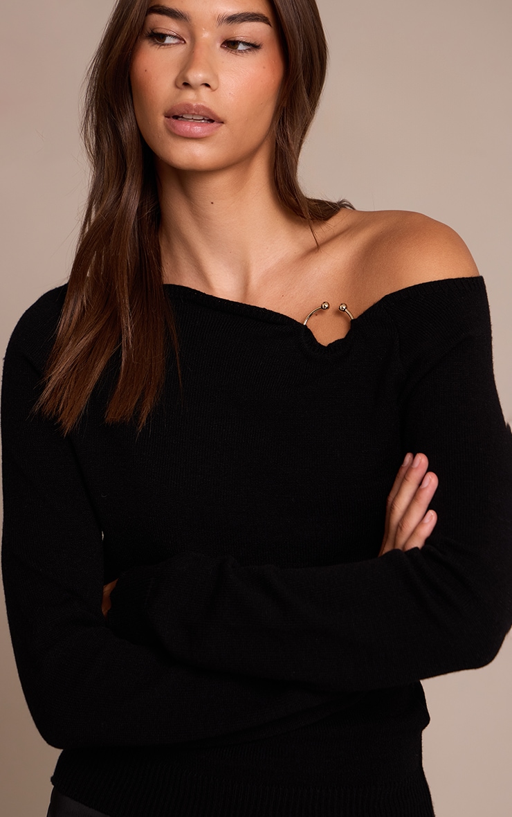 Black Cinched Waist Off The Shoulder Trim Detail Top image 4