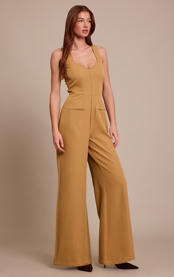 Olive Woven V Neck Pocket Detail Wide Leg Jumpsuit image 3