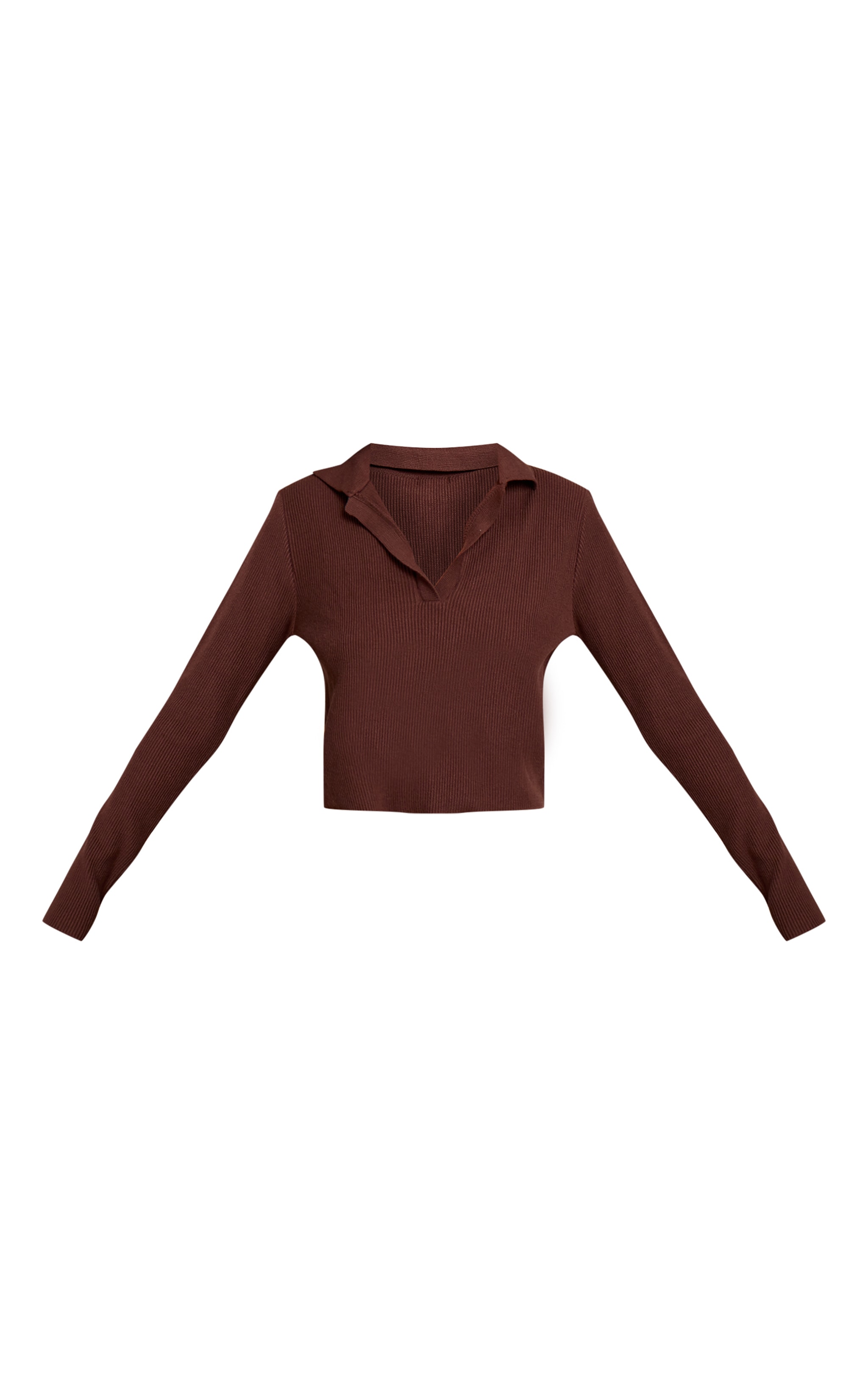 Pull en maille tricot côtelée chocolat à col en V et manches longues image 5
