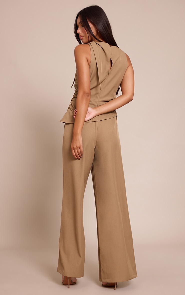 Khaki Woven High Neck Ruched Wide Leg Jumpsuit image 2
